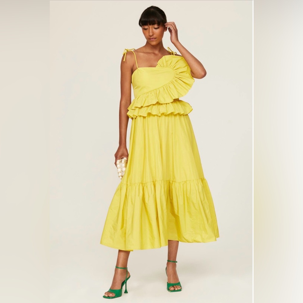 Tanya Taylor Delphine Lemon Ruffle Midi Dress